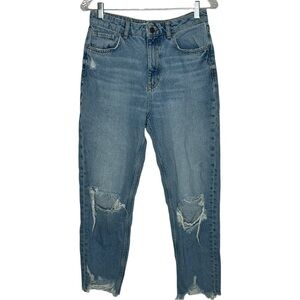 Zara High Rise Destroyed Knee Straight Leg Jeans